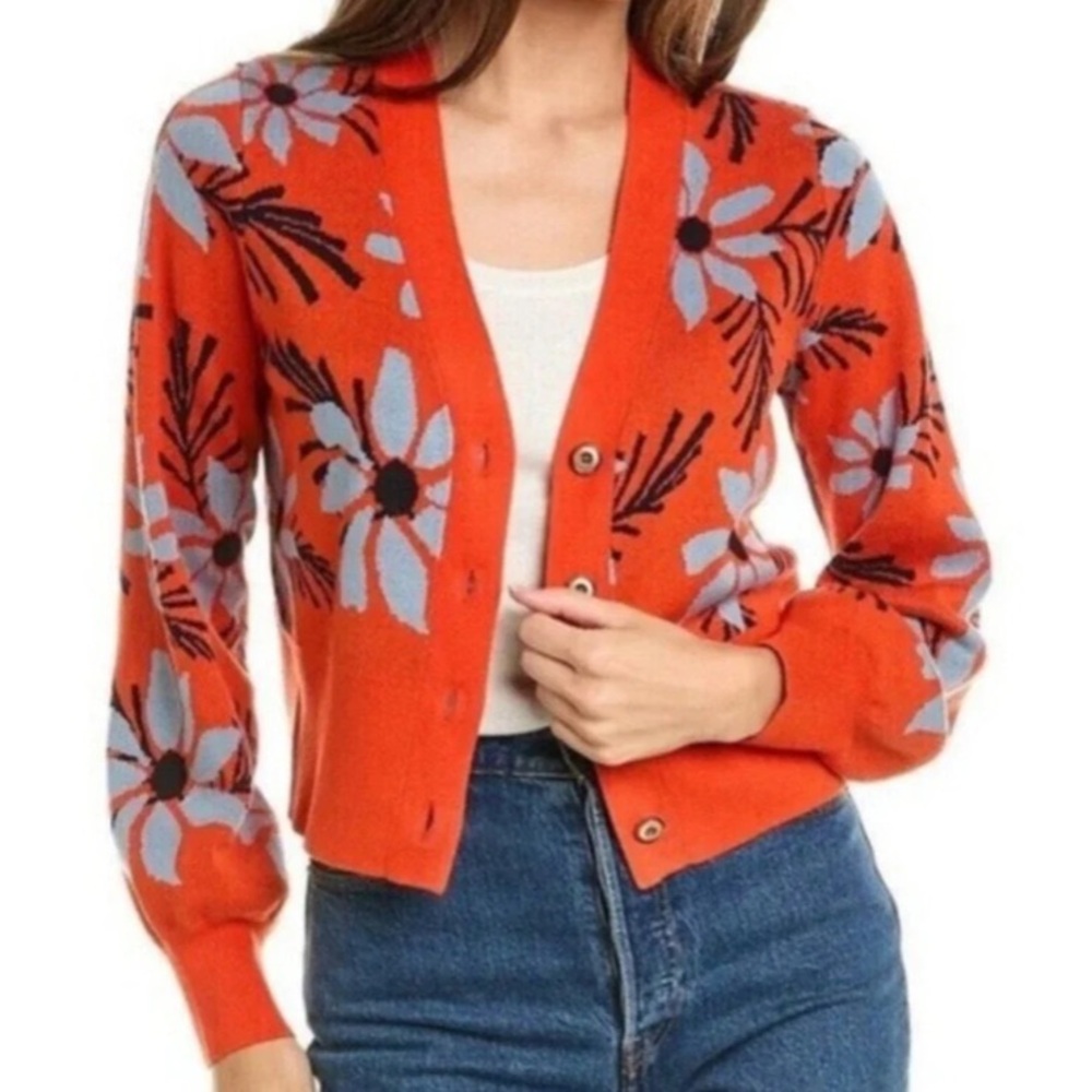 Cabi Bloom Cardigan/Sweater in Red/Orange Light Blue